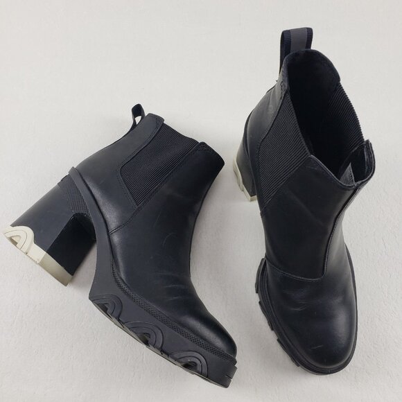 Sorel Brex Chelsea Ankle Boot Womens 8 Black Leather Pull On Waterproof Block - Picture 2 of 13